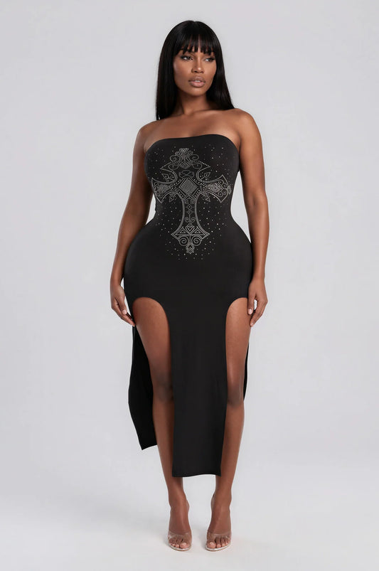 Crossed Up Rhinestone Slit Dress