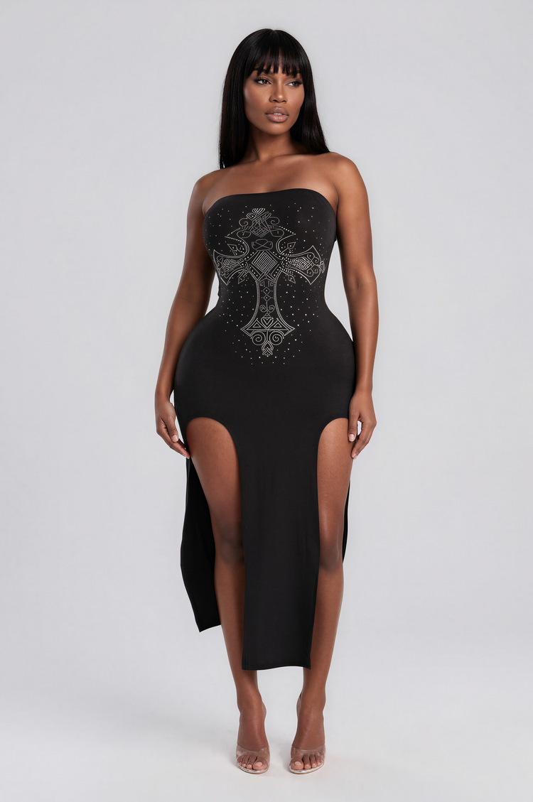 Crossed Up Rhinestone Slit Dress