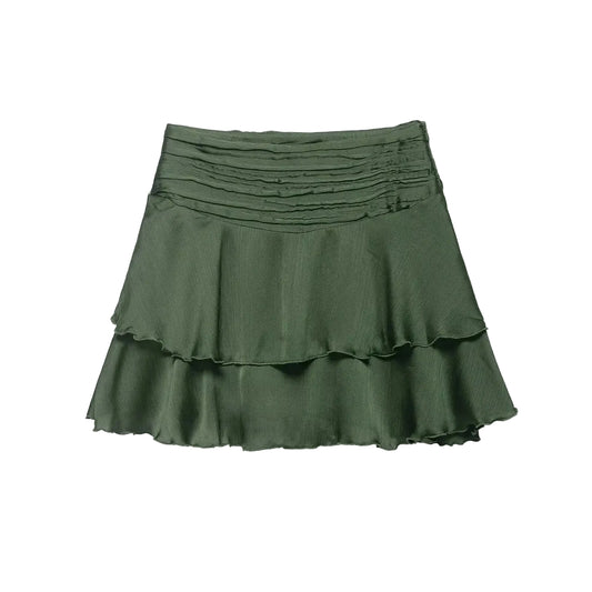 Green women's skirt with ruffled layers on a white background Spring