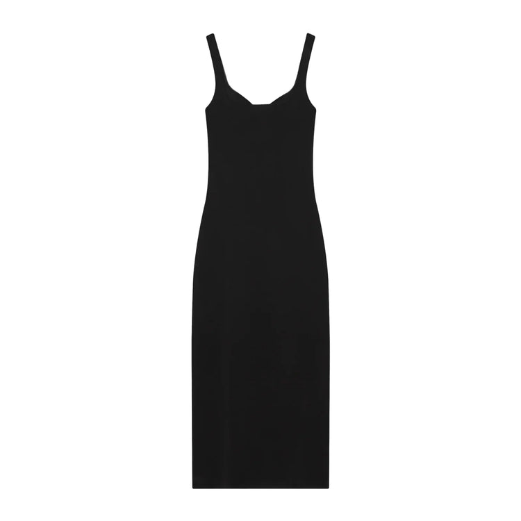 Black women's sleeveless dress with white floral patterns for Spring on a white background back