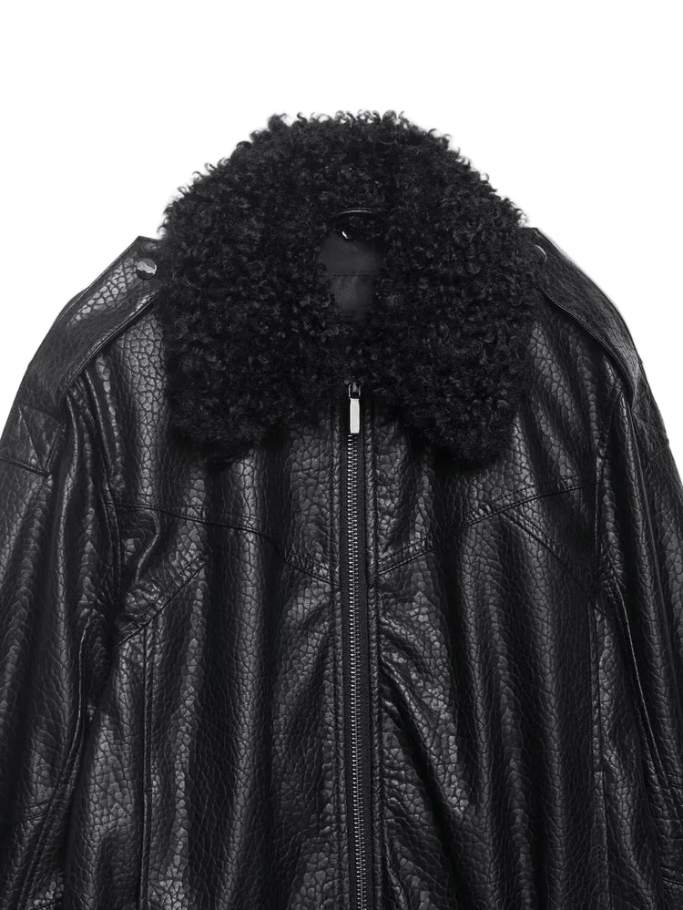 Black leather jacket with a fur-lined collar on a white background