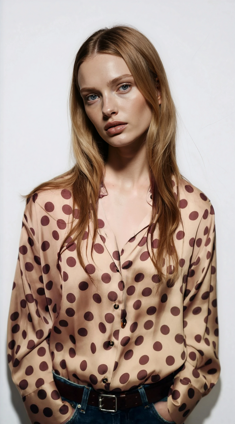 Woman wearing a beige blouse with brown polka dots against a white background