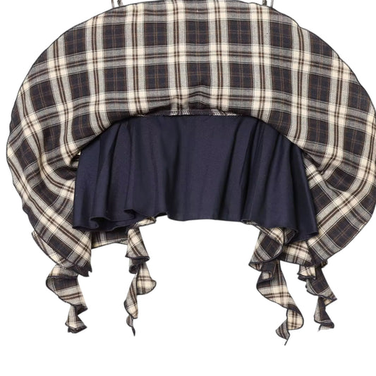 Plaid bonnet with navy blue ruffle on a white background
