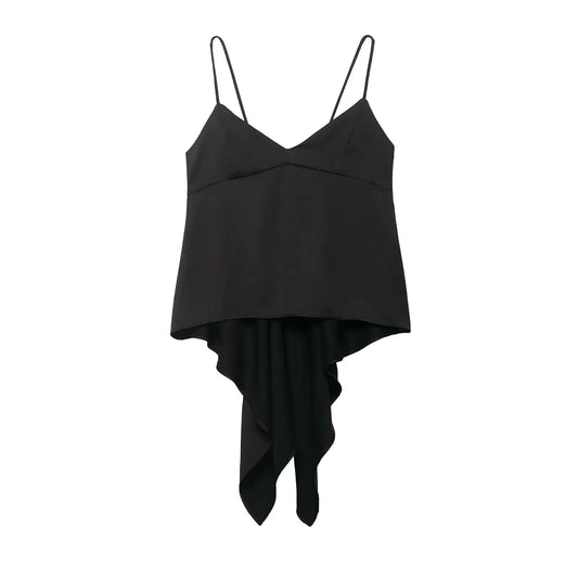 Black spaghetti strap top with draped design on a white background