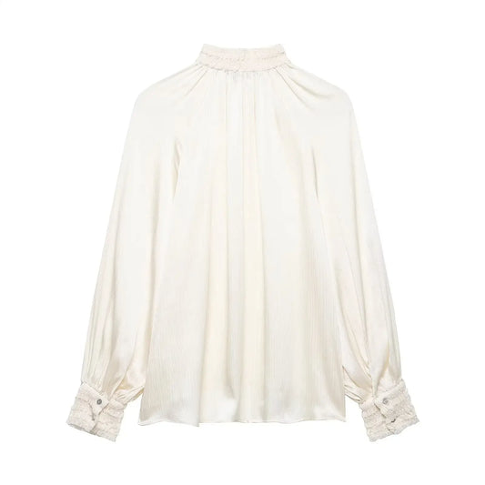 Women's spring satin white blouse back on a white background