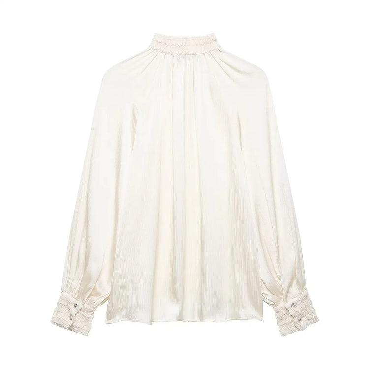 Women's spring satin white blouse back on a white background