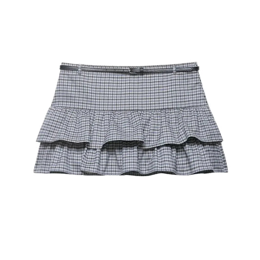 Plaid skirt with ruffled layers on a white background