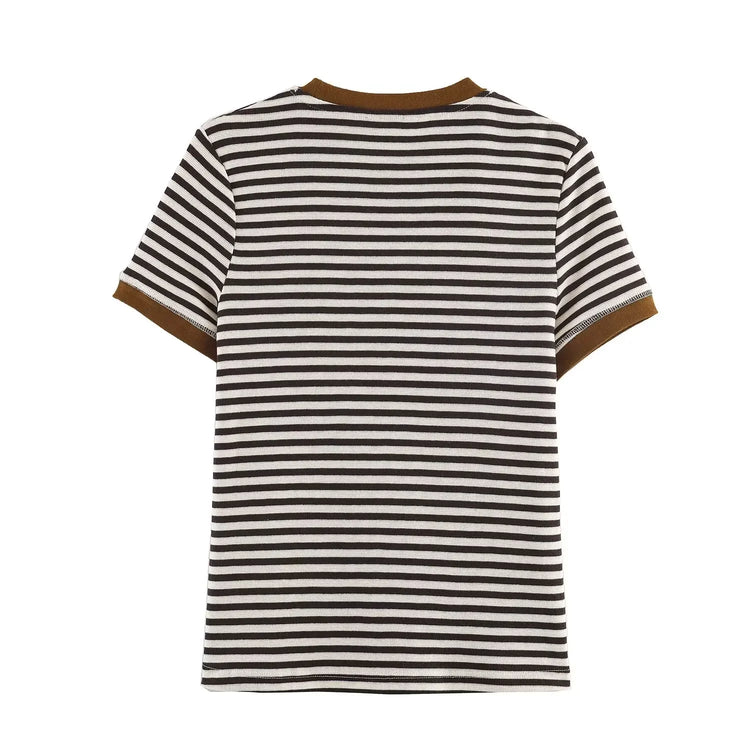 Brown and white striped t-shirt with brown trim on a white background