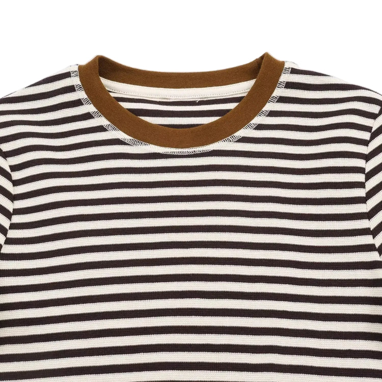 Close-up of a brown and white striped shirt with a brown collar on a white background