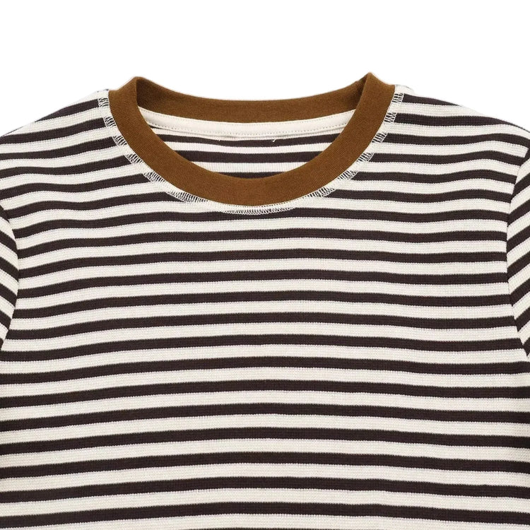 Close-up of a brown and white striped shirt with a brown collar on a white background