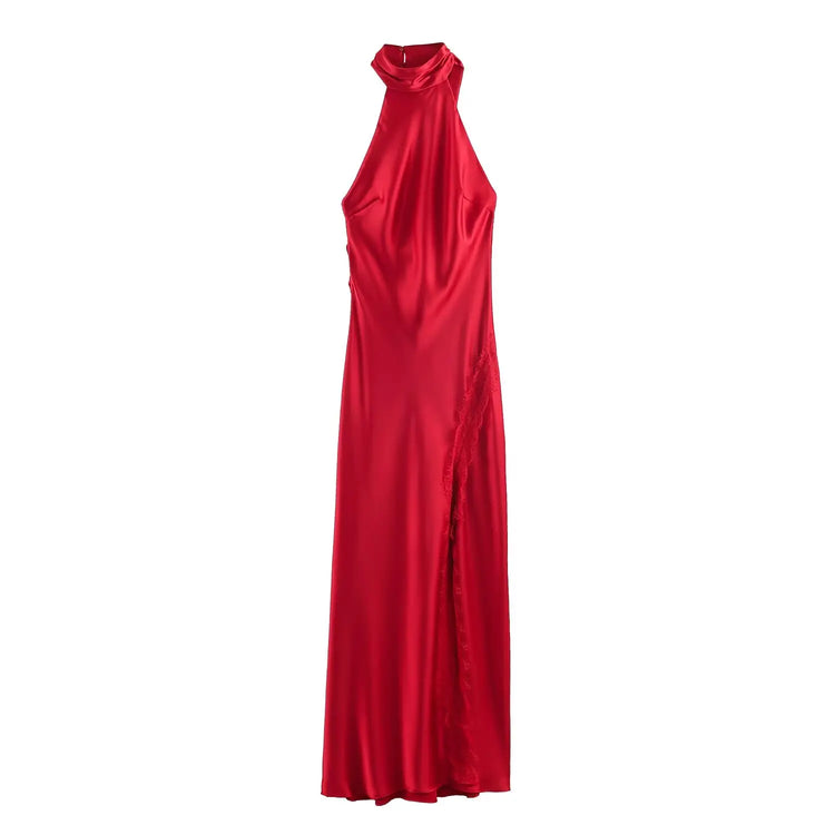 Red halter neck gown with lace thigh split on a white background