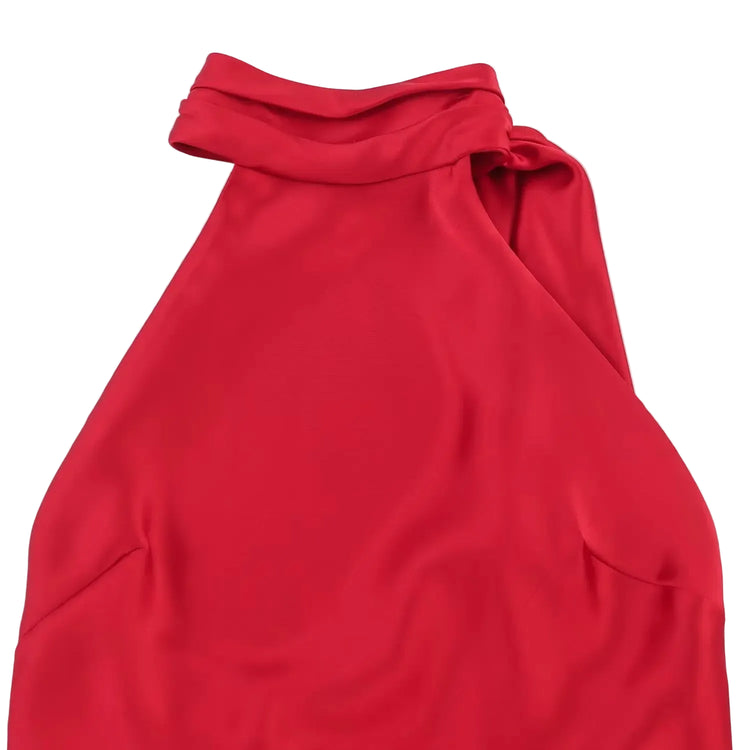 Red halter dress on a white background