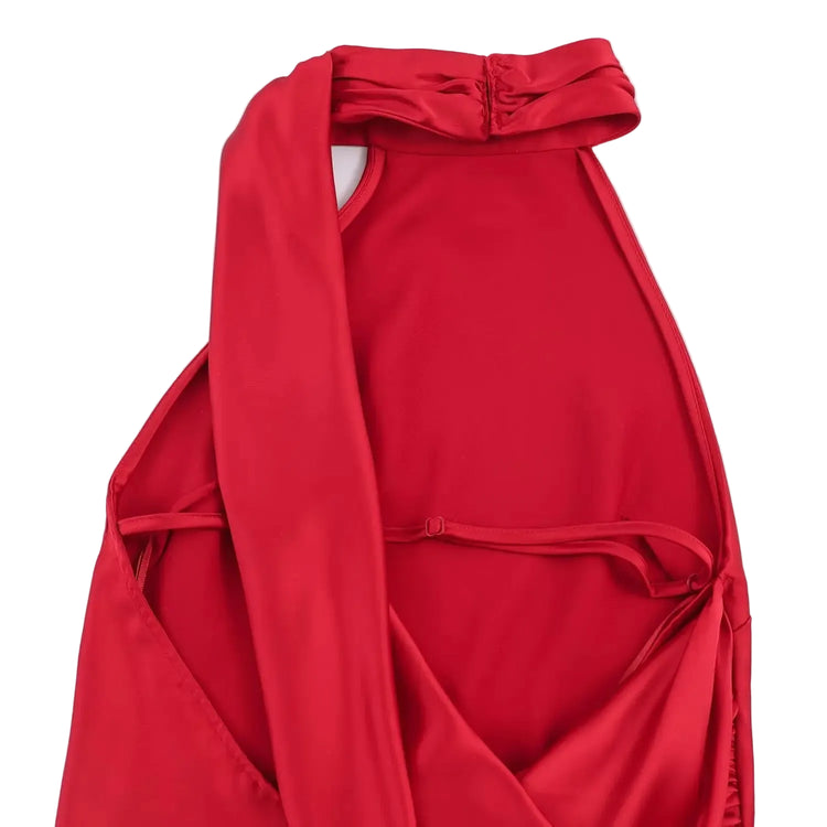 Red halter top with a scarf detail on a white background