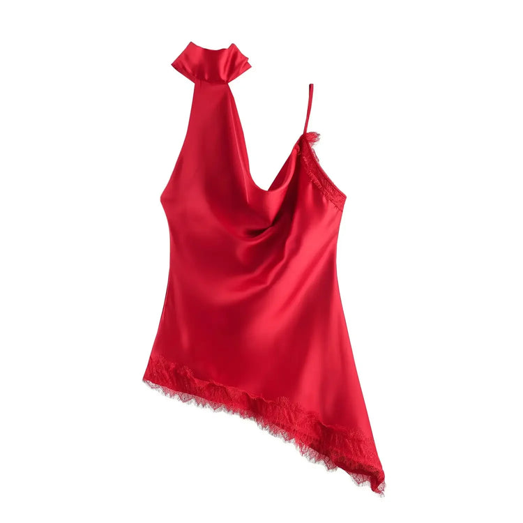 Red satin top with lace hem on a white background