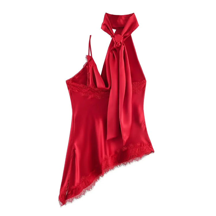 Red satin halter top on a white background