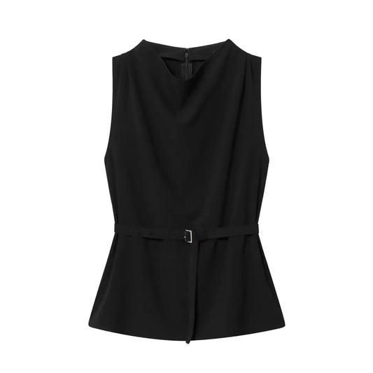 Black sleeveless women's dress top with a belt on a white background