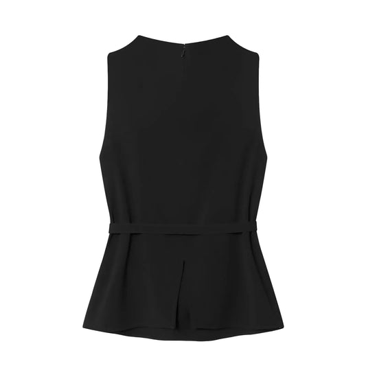 Black sleeveless women's dress top with a belt on a white background back