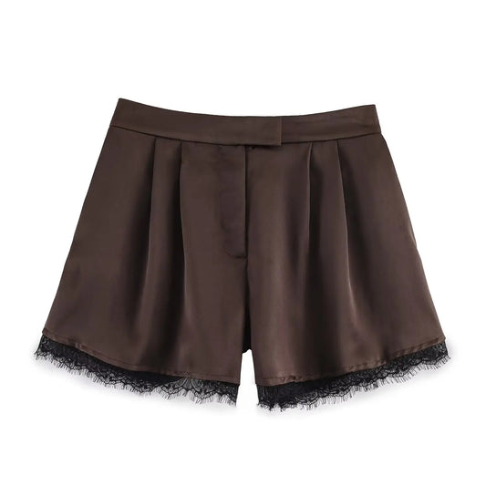 Brown shorts with black lace trim on a white background
