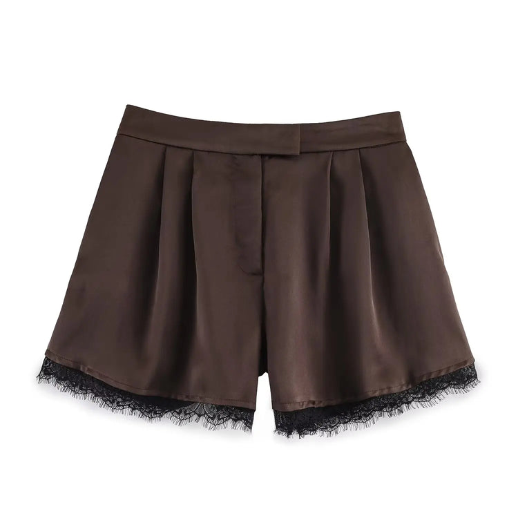 Brown shorts with black lace trim on a white background