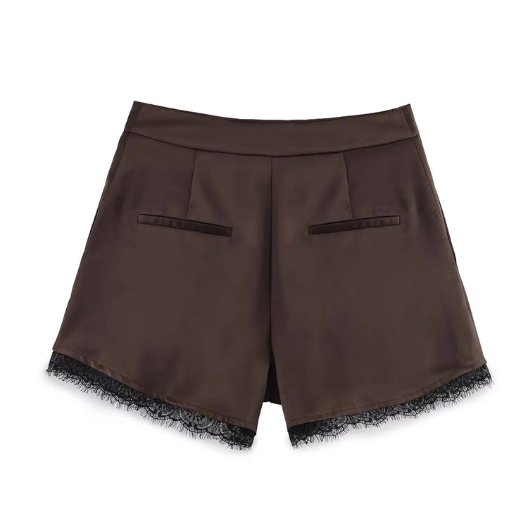 Brown shorts with lace trim on a white background