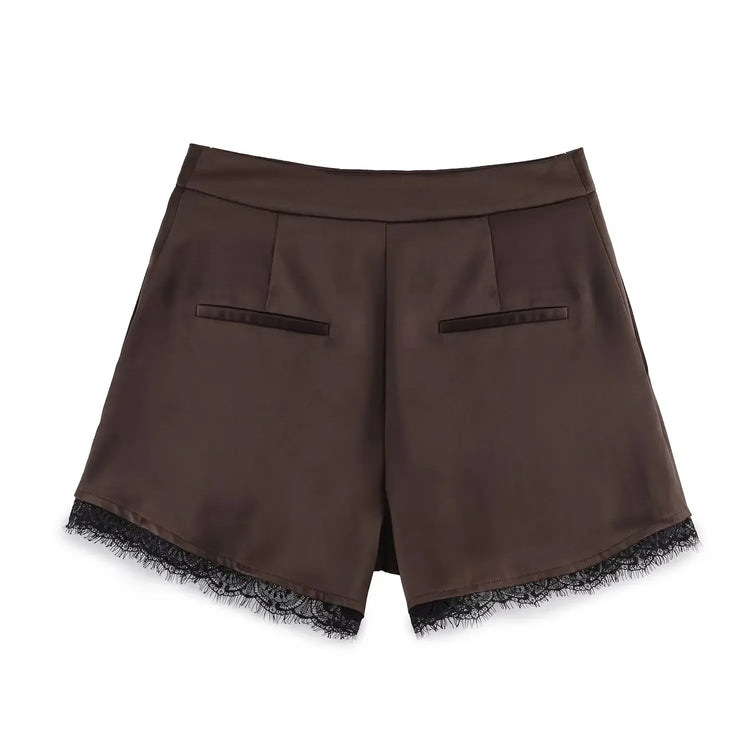 Brown shorts with lace trim on a white background