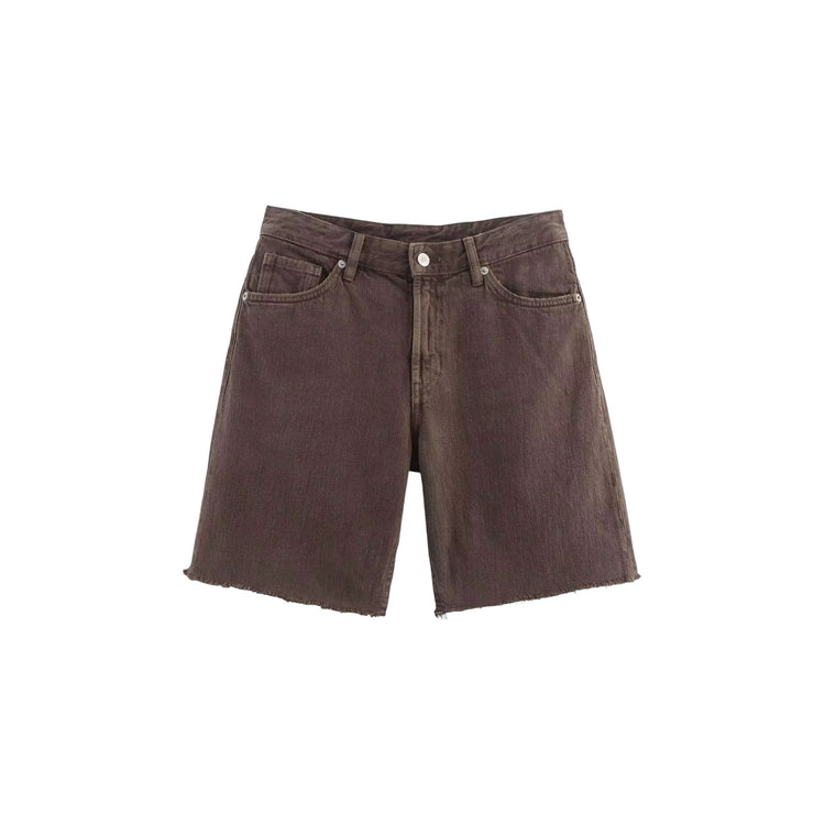 Brown denim shorts on a white background