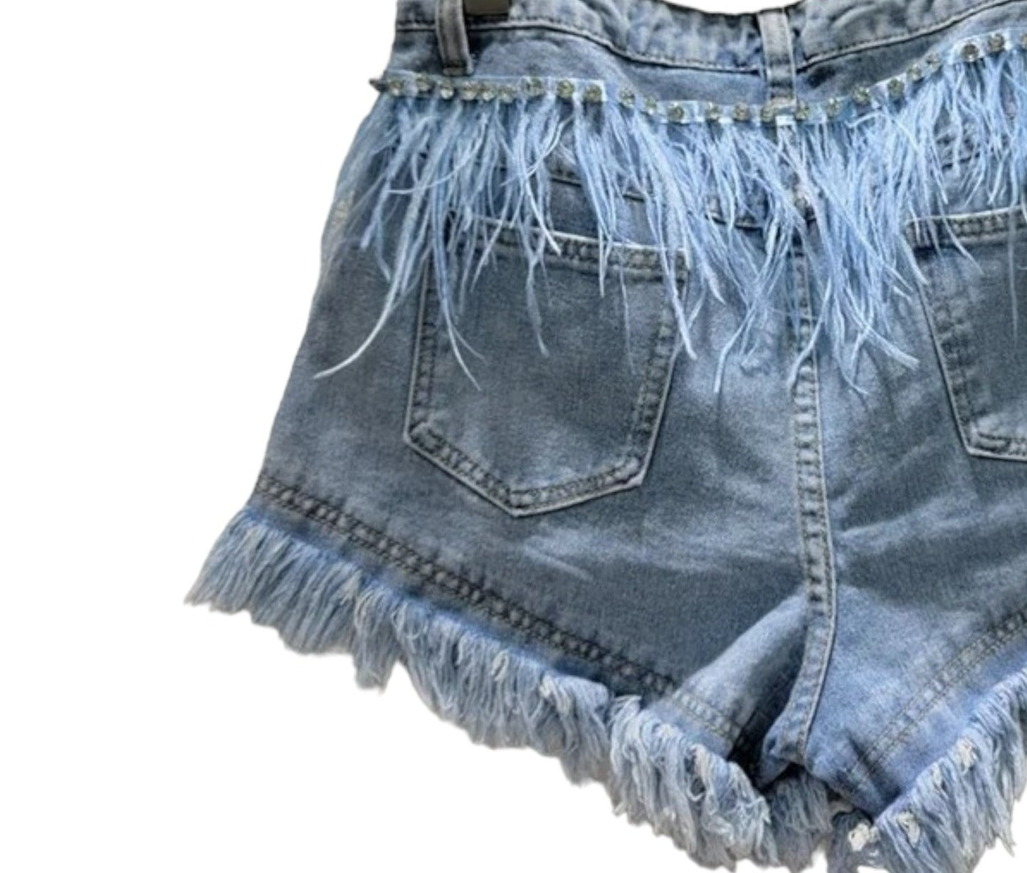 No Strings Attached Denim Feathered Shorts - 