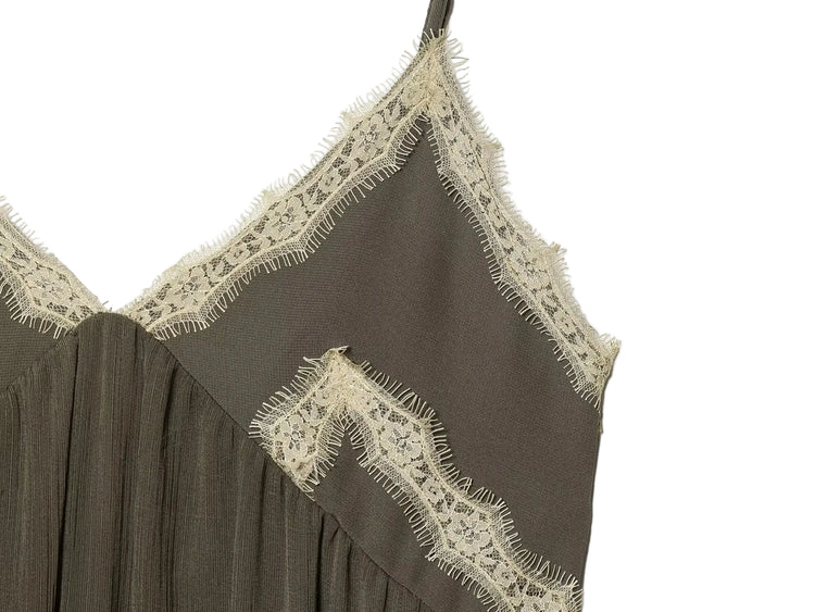 Green Brown dress with lace detailing on a white background