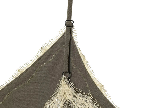 Green Brown lace dress with a strap on a white background