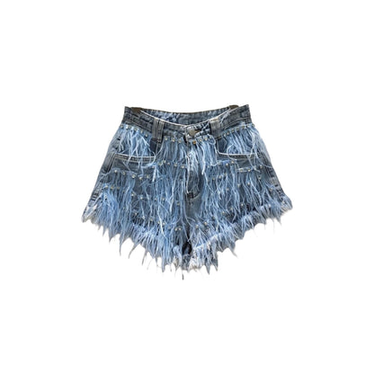 No Strings Attached Denim Feathered Shorts - 