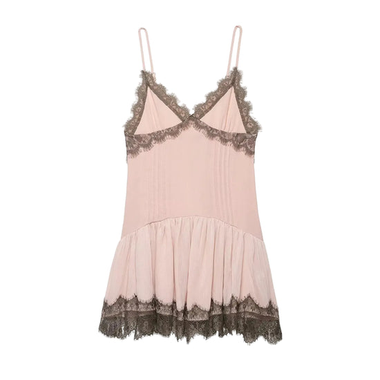 Pink spring women's slip dress with brown lace details on a white background