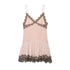 Pink spring women's slip dress with brown lace details on a white background