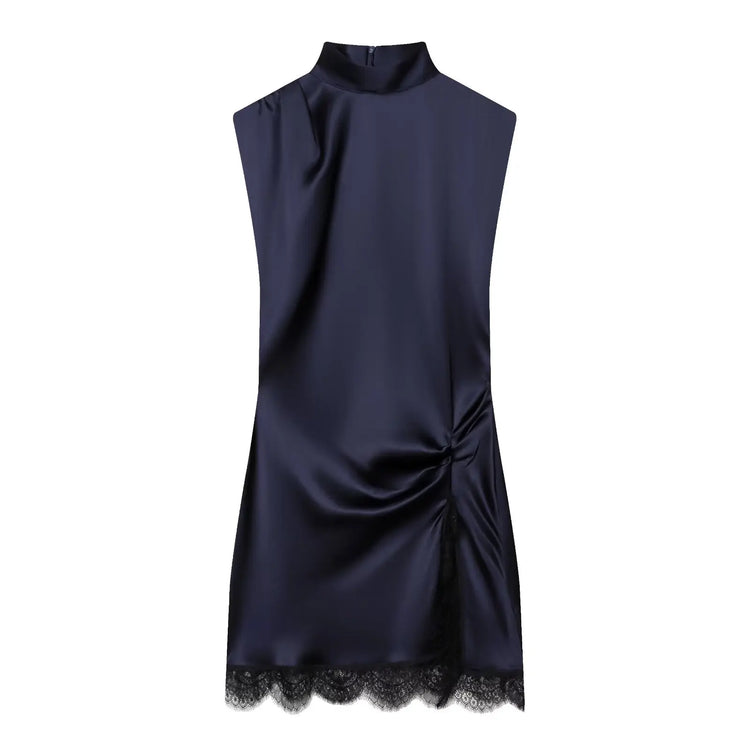 Navy blue dress with lace hem on a white background