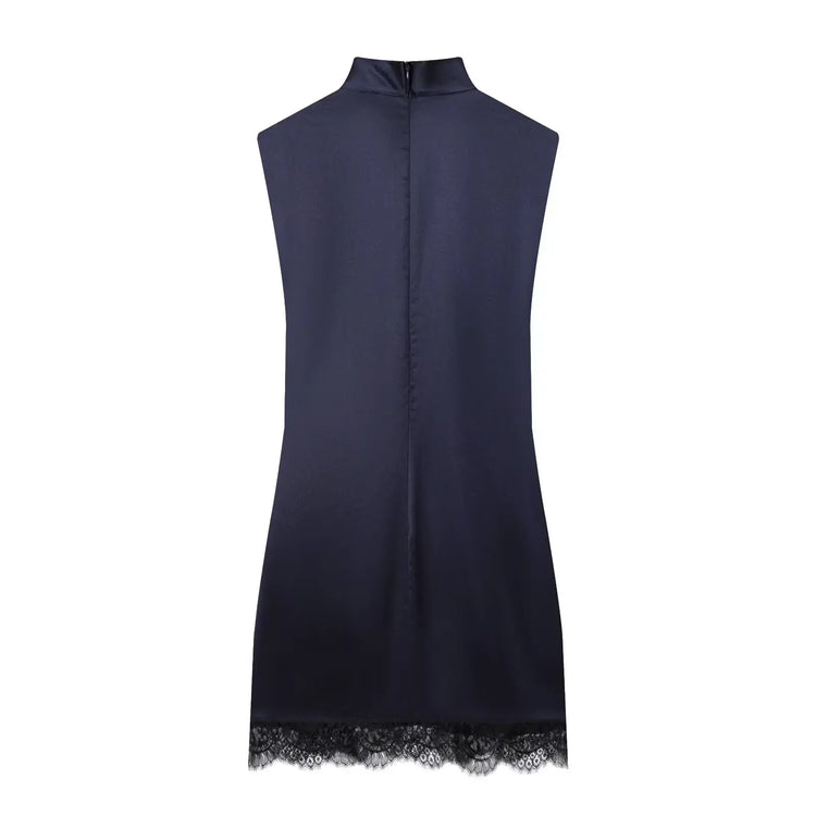 Navy sleeveless dress with lace trim on a white background