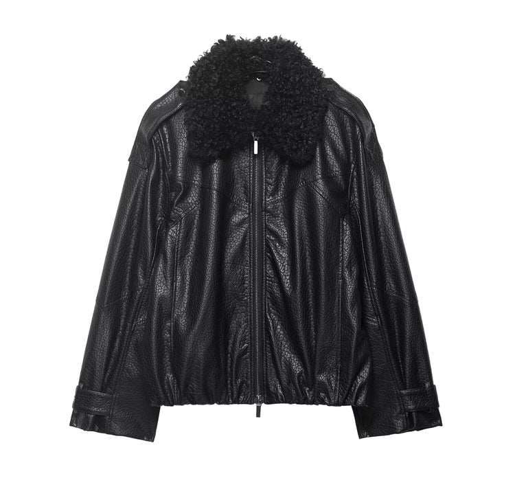 Black leather jacket with fur collar women for spring on a white background