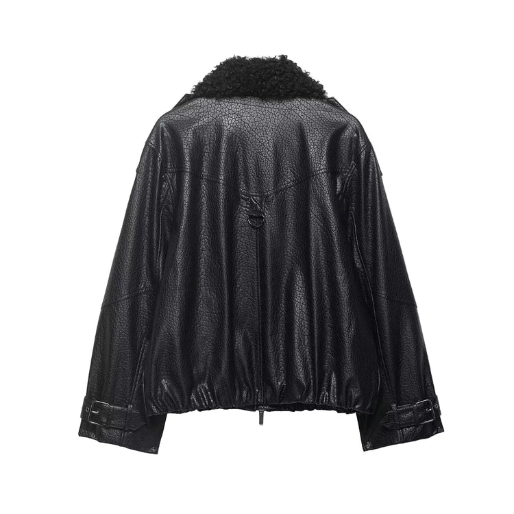 Black leather jacket with fur lining on a white background