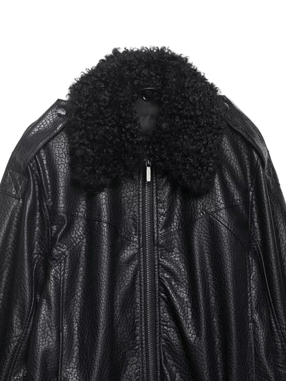 Black leather jacket with a fur-lined collar on a white background
