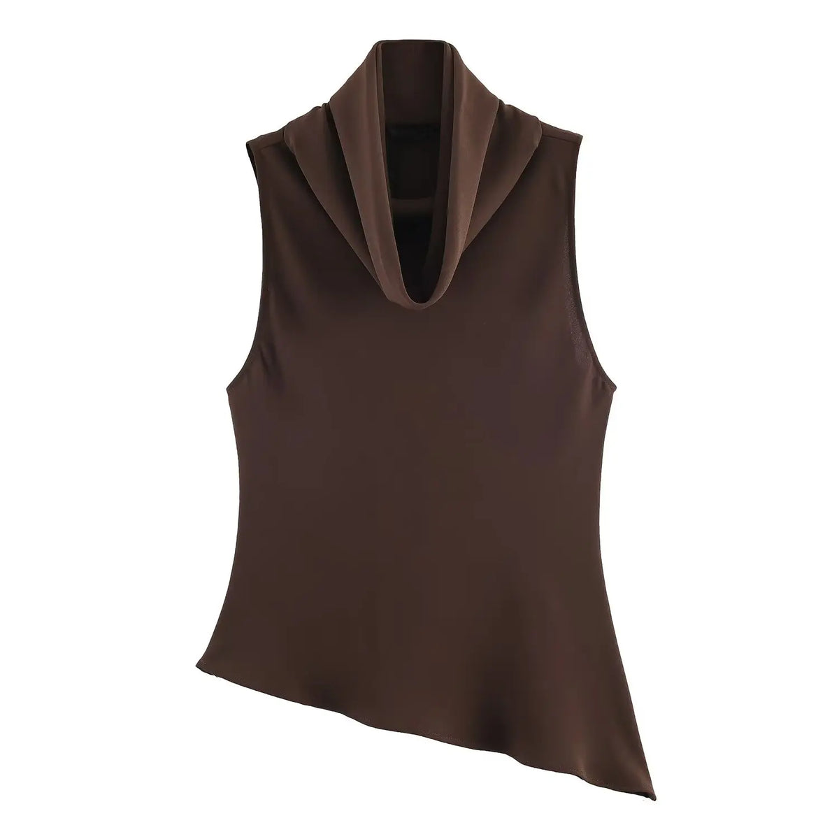 Brown sleeveless top with a cowl neckline on a white background