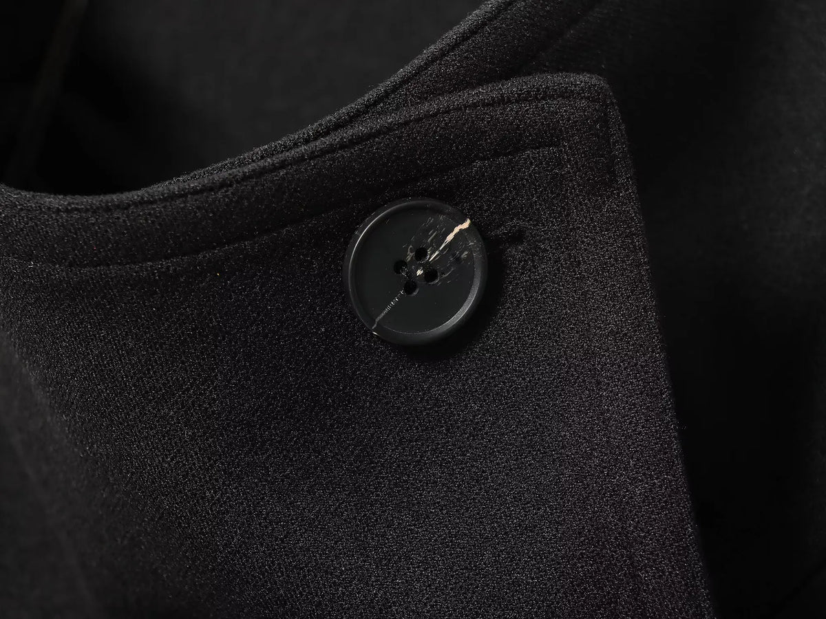 Black women's coat with buttons for Spring on a white background close up of button