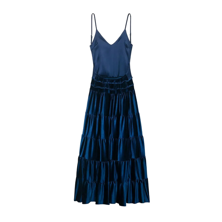 Blue tiered pleated  sleeveless women's dress back on a white background