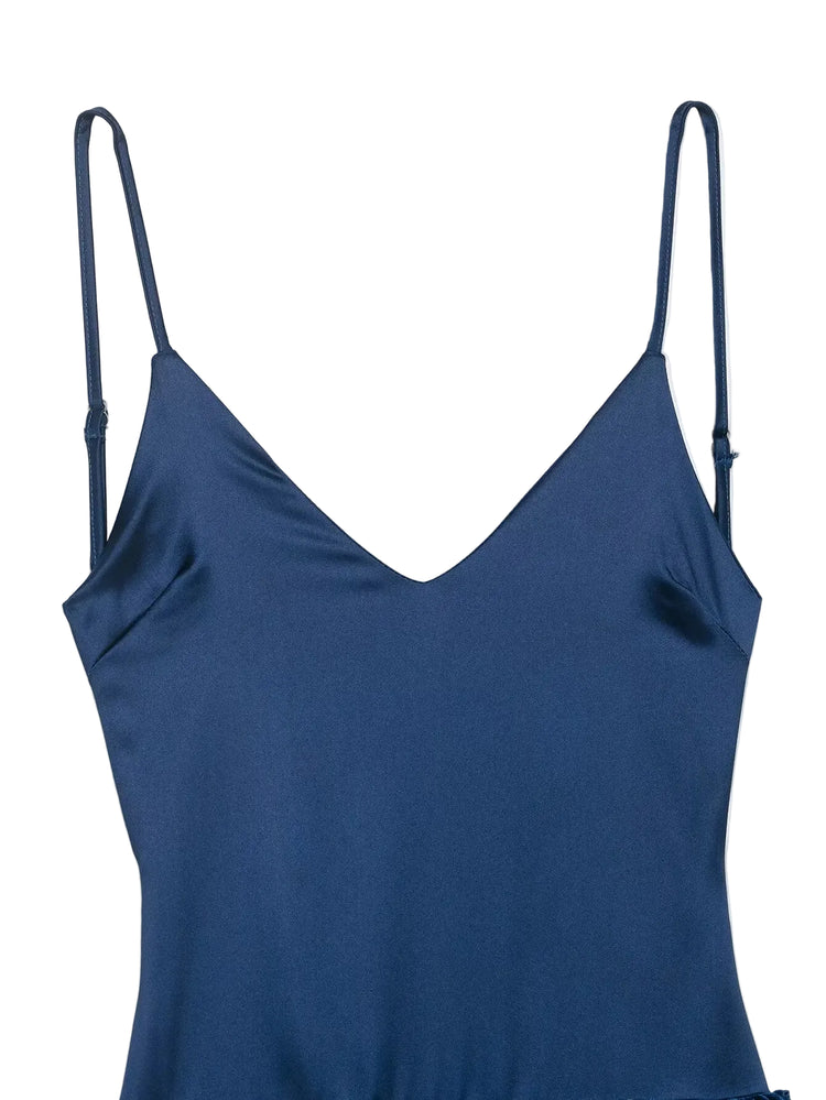 Blue dress close up of spaghetti strap women's dress on a white background