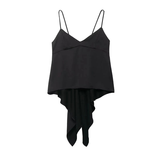 Black spaghetti strap top with draped design on a white background