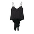 Black spaghetti strap top with draped design on a white background