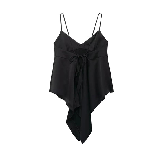 Black spaghetti strap top with a draped detail on a white background
