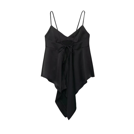 Black spaghetti strap top with a draped detail on a white background