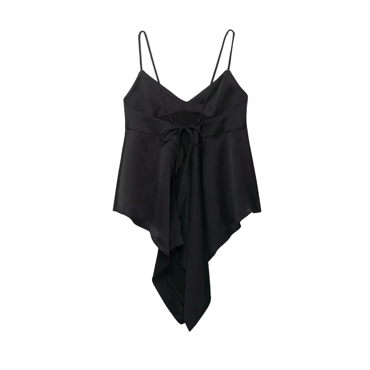 Black spaghetti strap top with a draped detail on a white background