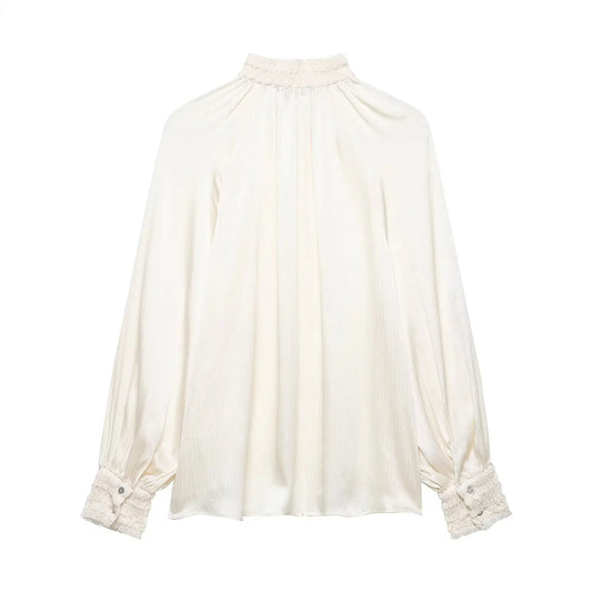 Women's spring satin white blouse back on a white background