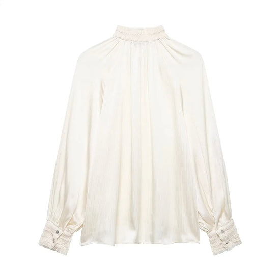 Women's spring satin white blouse back on a white background