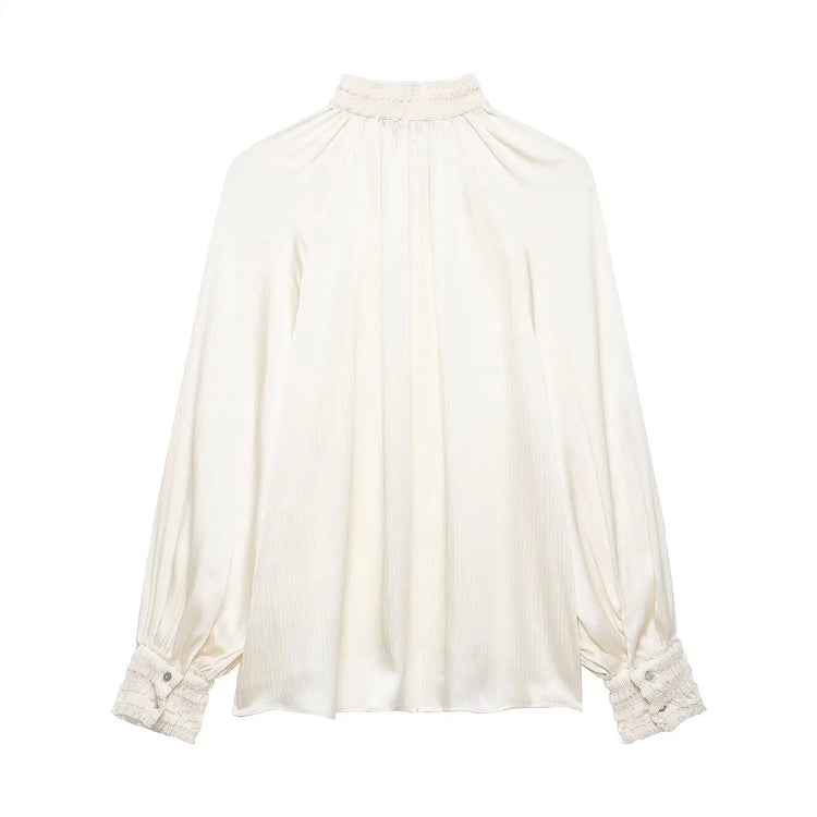 Women's spring satin white blouse back on a white background