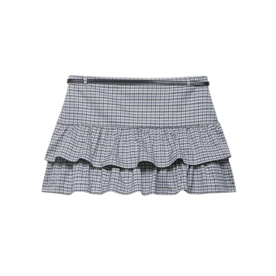 back of plaid spring skirt with ruffled layers on a white background